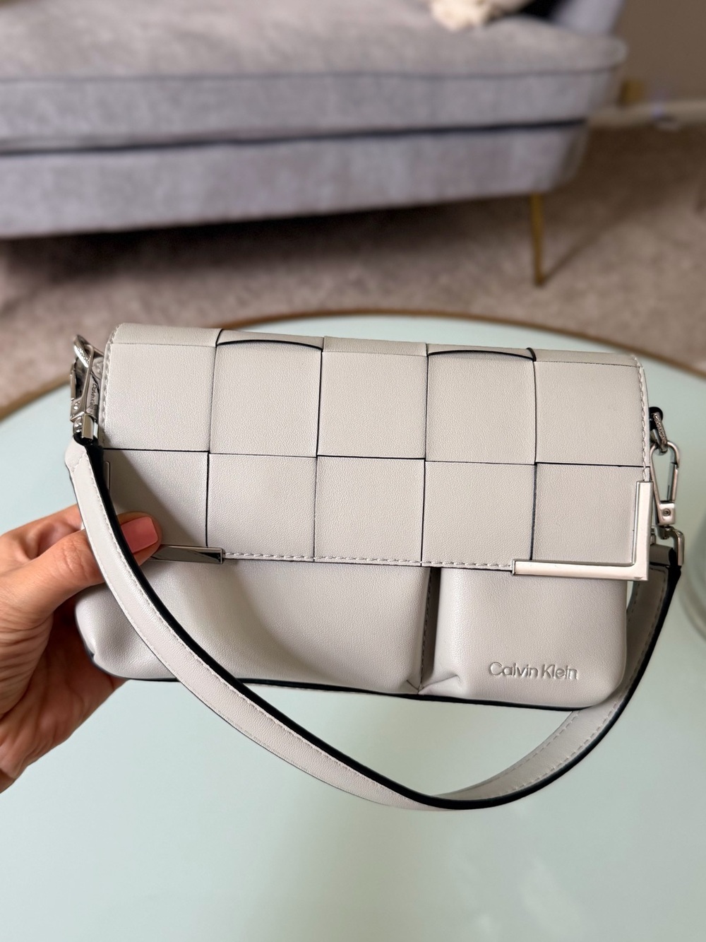 Calvin Klein Light Gray Woven Flap Shoulder Bag